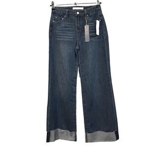 Tractr Women's 12 Dark Indigo Denim Wide Leg With Rolled Cuffs Loose Fit Jeans